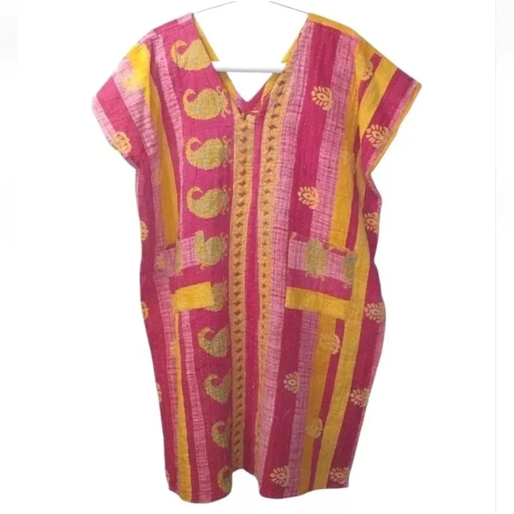 Kantha Patchwork Kimono Tunic Poncho Top Colorful Patch Pockets Woman One Sz #C